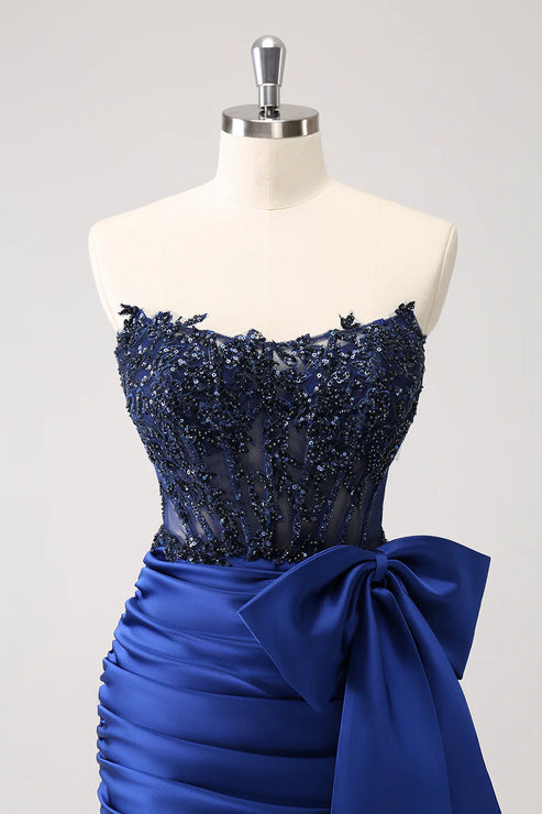 Luolandi Sparkly Navy Strapless Beaded Appliques Tight Homecoming Dress Off Shoulder With Bow(s)