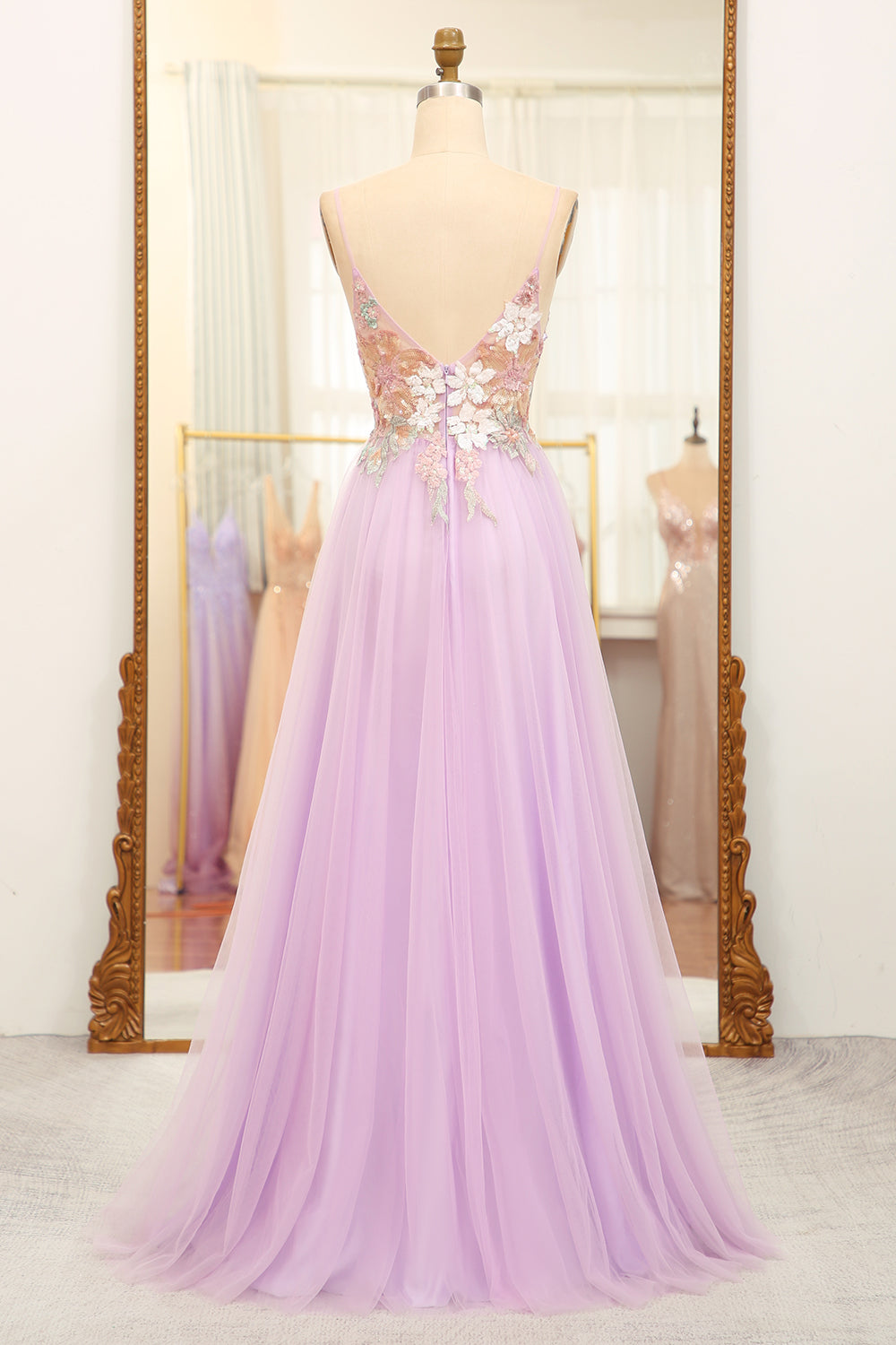 Luolandi Glitter Lilac A-Line Spaghetti Straps Flowers Long Prom Dress With Slit
