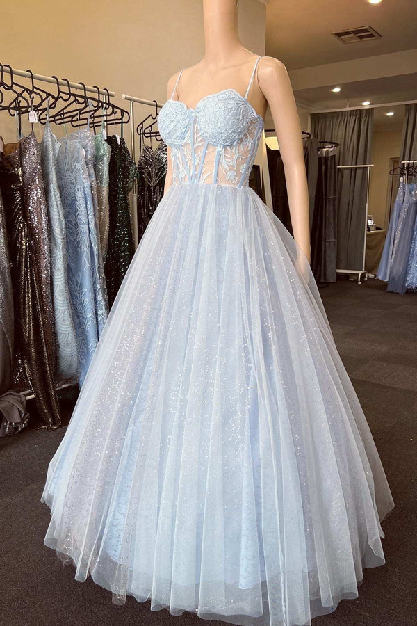 Luolandi Light Blue Floral Lace Sweetheart A-Line Prom Dress with Appliques Sparkly