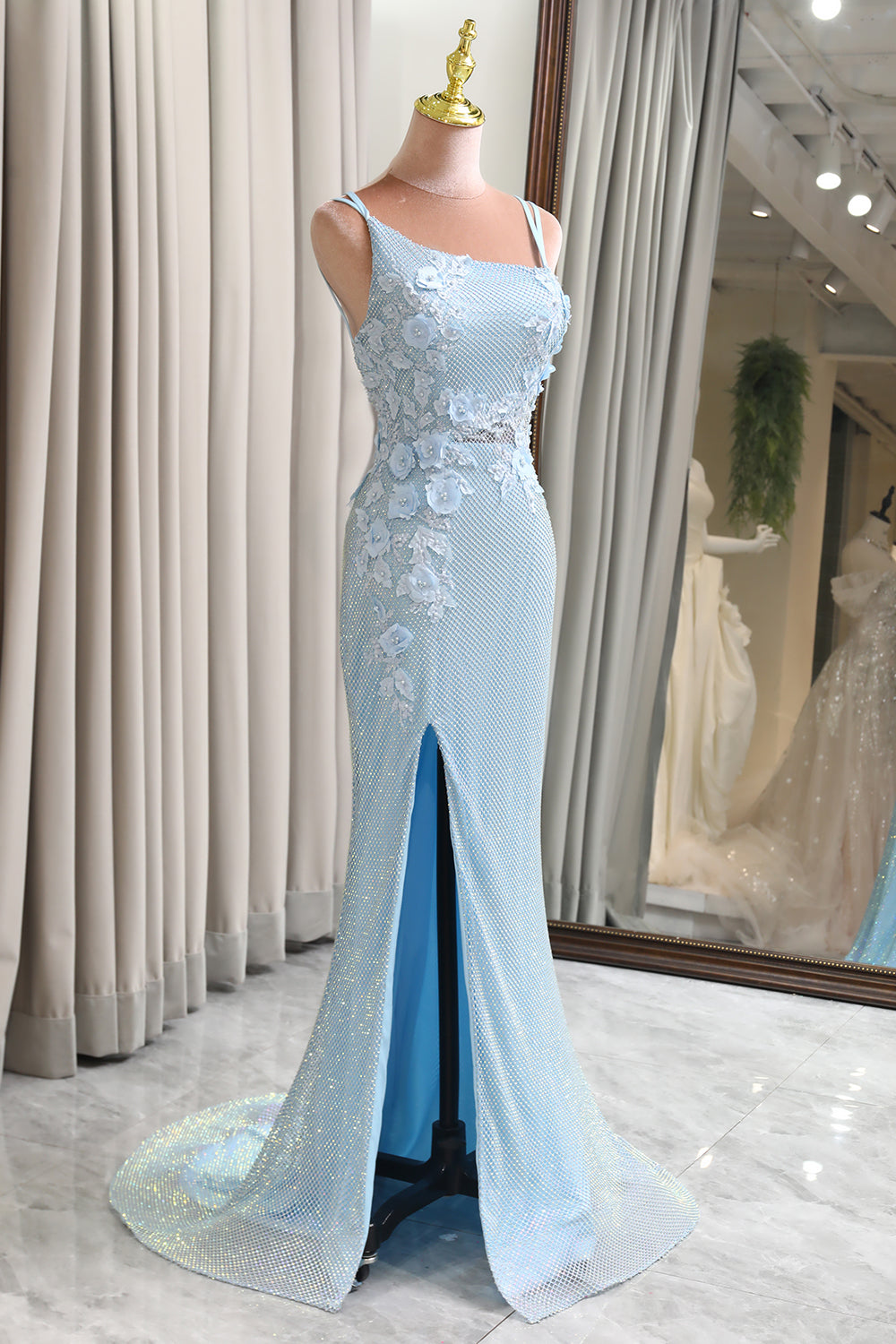 Luolandi Light Blue Mermaid Long Corset Sequins Prom Dress With Slit Evening Dress