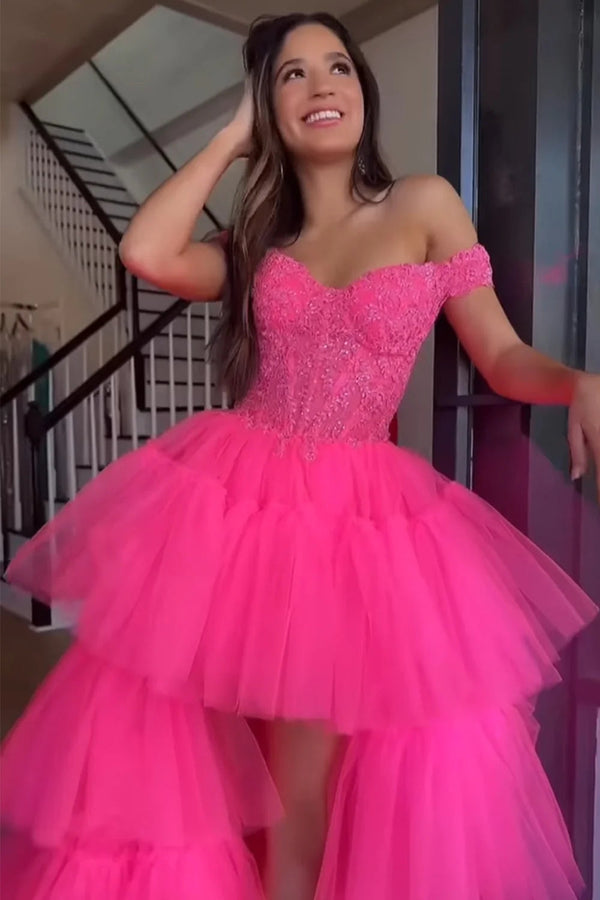 Luolandi Blue High Low Homecoming Prom Dress with Lace Off Shoulder Sexy Evening Dress