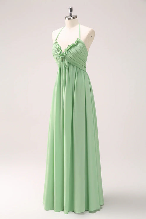 Luolandi Light Green A Line Halter Backless Lace Up Long Bridesmaid Dress Party Dress
