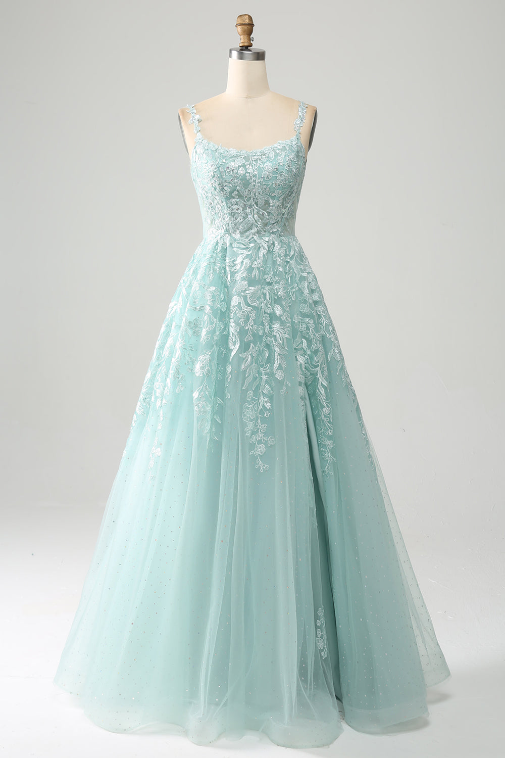 Luolandi Glitter Mint A-Line Tulle Long Prom Dress With Lace And Slit Beautiful