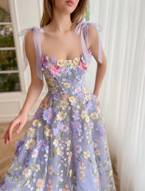 Luolandi A-Line Prom Dresses Wedding Guest Summer Tea Length Sleeveless Scoop Neck Bridesmaid Dress Tulle Party Dress Homecoming Dress with Flowers