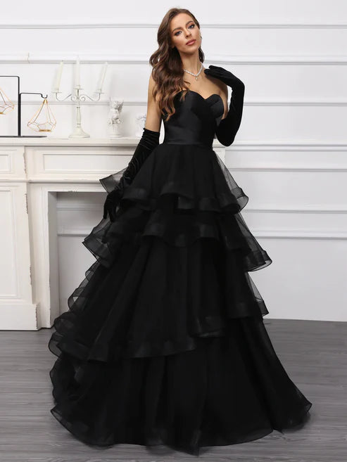 Luolandi A-Line/Princess Sweetheart Long Tulle Dresses With Ruffles Off Shoulder Black Evening Dress Without Gloves