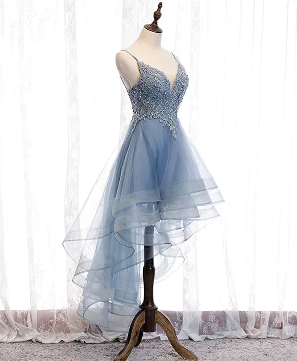 Luolandi Blue High Low Tulle V-neckline Straps Party Dress with Lace Cute Homecoming Dress Beautiful