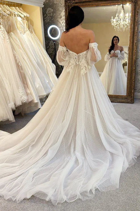 Luolandi Ivory Tulle A-Line Long Wedding Dress with Train Off Shoulder Beautiful