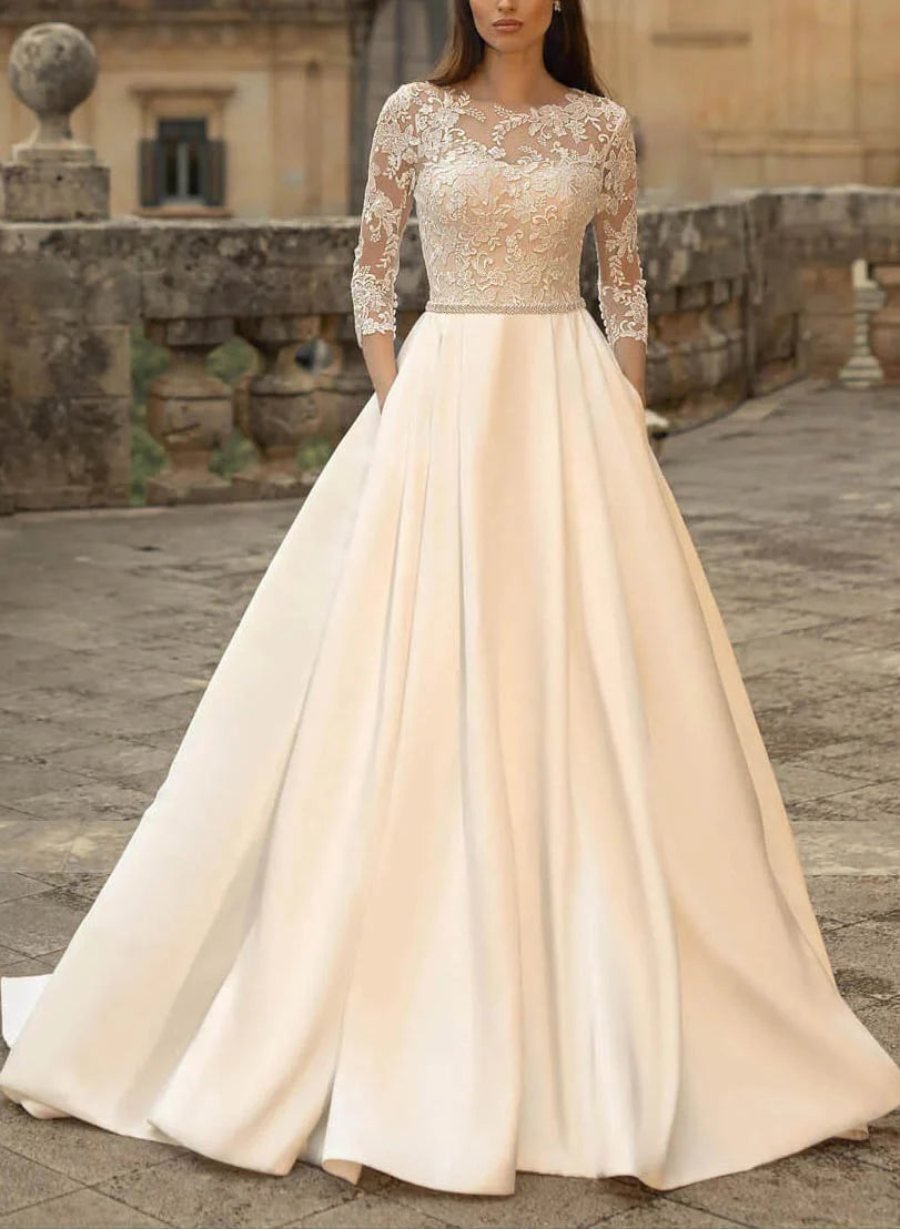 Luolandi Ball-Gown Satin Wedding Dresses With Classic Lace Sleeves Floor Length Elegant