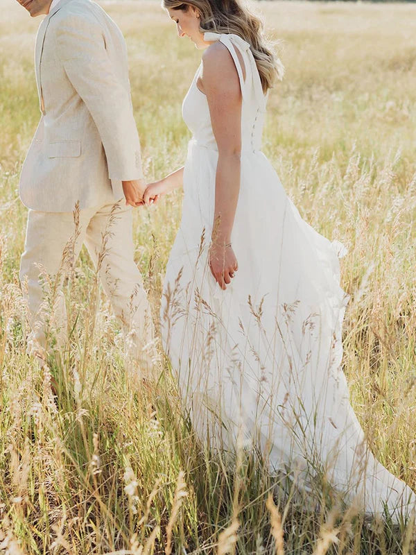 Luolandi Elegant Chiffon V-Neck A-line Sweep Train Wedding Dresses Solid Color With Bow(s)