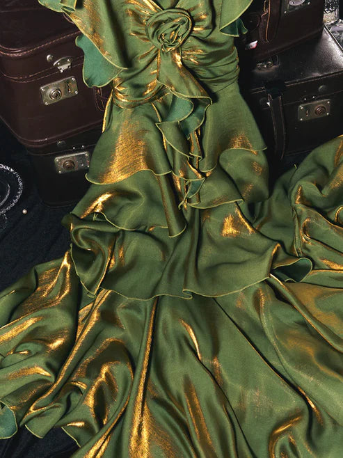 Luolandi Green Ruffles A-Line Vintage Long Prom Dress Maxi Dress Party Dress Evening Dress