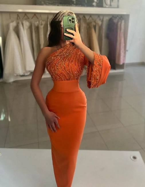 Luolandi Sheath / Column Evening Gown Formal Prom Floor Length Long Sleeve One Shoulder Satin with Crystals Sequin Sparkly
