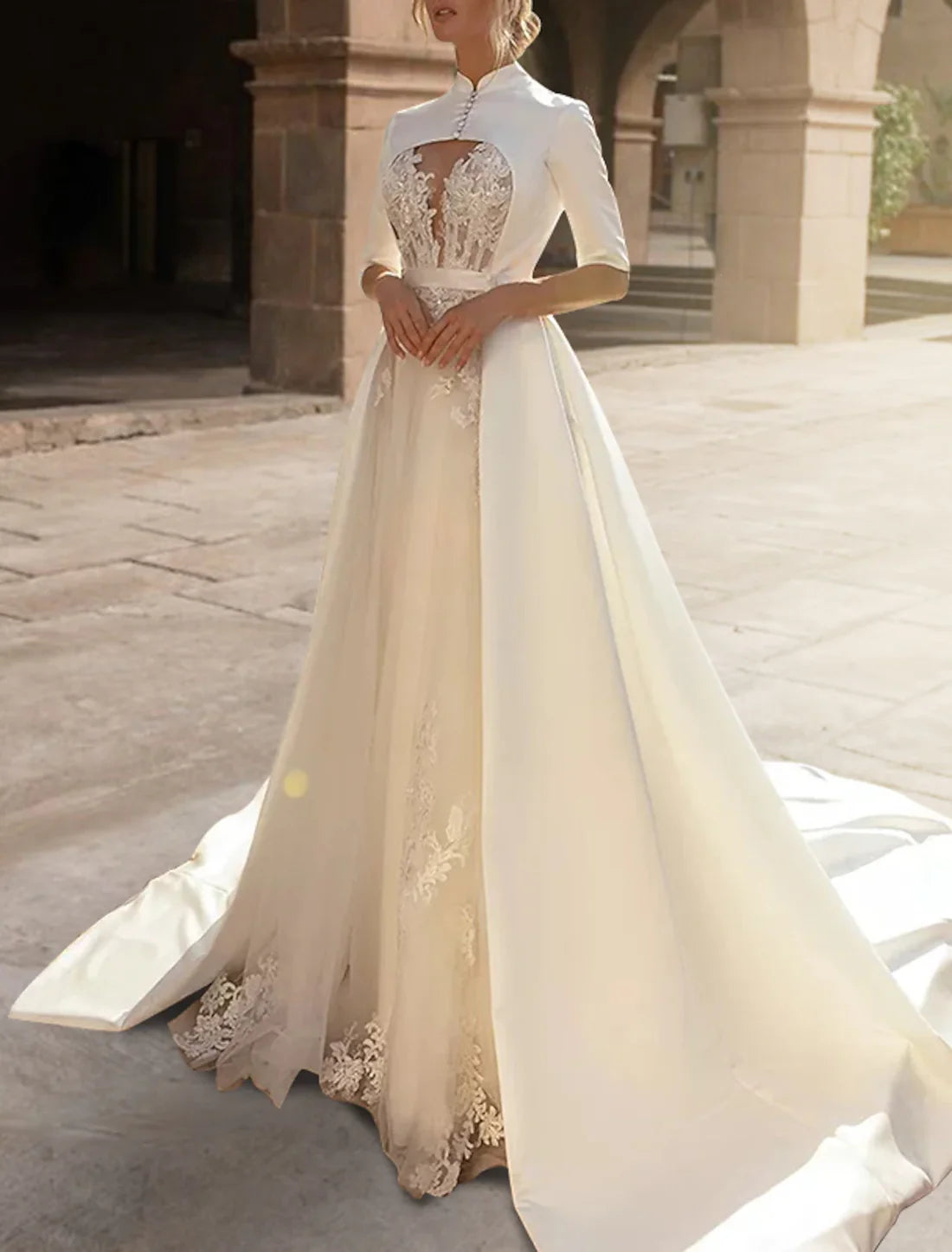 Luolandi Engagement Royal Style Formal Wedding Dresses A-Line Sweetheart Half Sleeve Court Train Satin Bridal Gowns With Ruffles Appliques Elegant