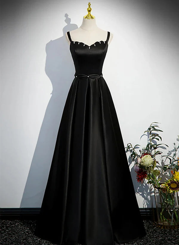 Luolandi A-line Black Satin Straps Long Formal Dress Simple Prom Dress Evening Dress