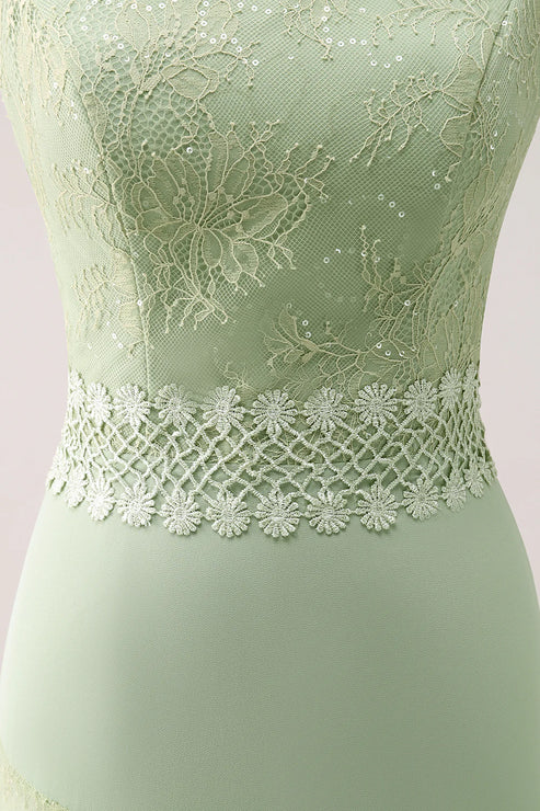 Luolandi Green Floral Rufffled Chiffon Bridesmaid Dress with Lace Floor Length Party Dress