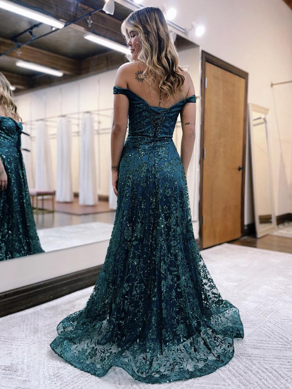 Luolandi Glitter Mermaid Off The Shoulder Dark Green Long Prom Dress Sparkly Evening Dress
