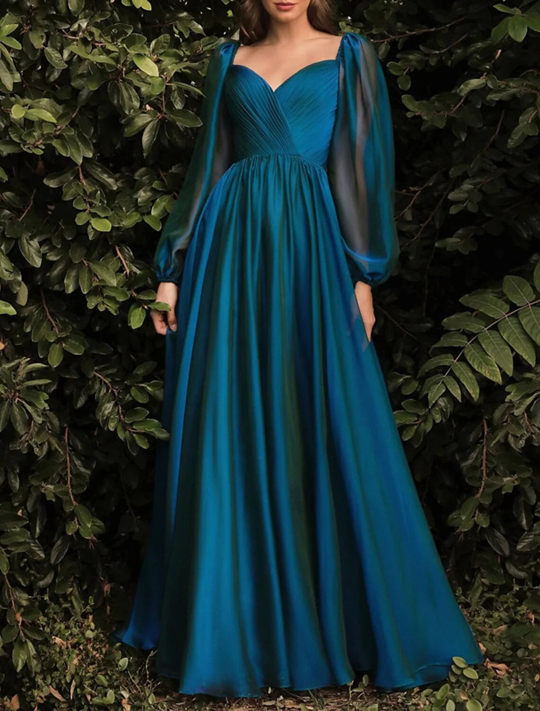 Luolandi A-Line Evening Gown Open Back Dress Formal Wedding Guest Floor Length Long Sleeve Prom Dress with Pleats