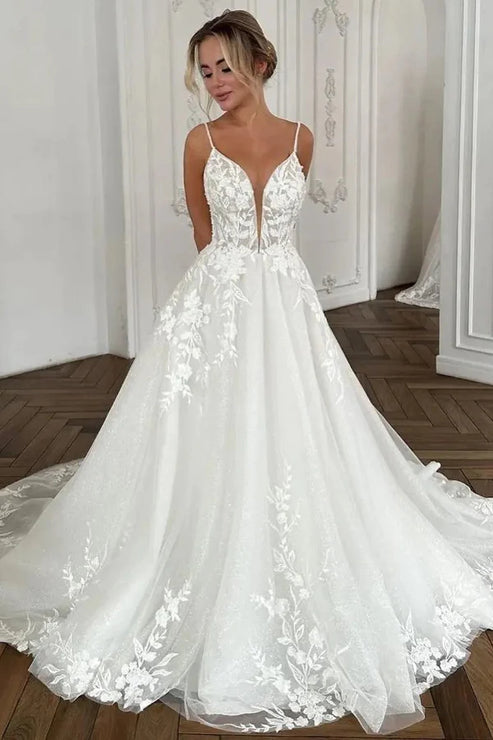 Luolandi Charming A Line V Neck Tulle Long Wedding Dresses with Appliques Sexy Beautiful