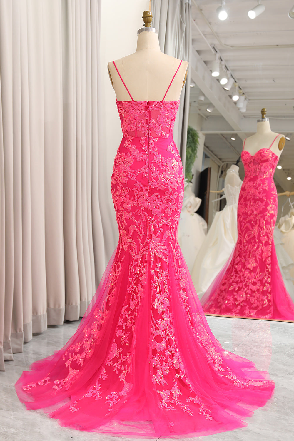 Luolandi Mermaid Spaghetti Straps Sequins Corset Fuchsia Prom Dress With Appliques Sparkly