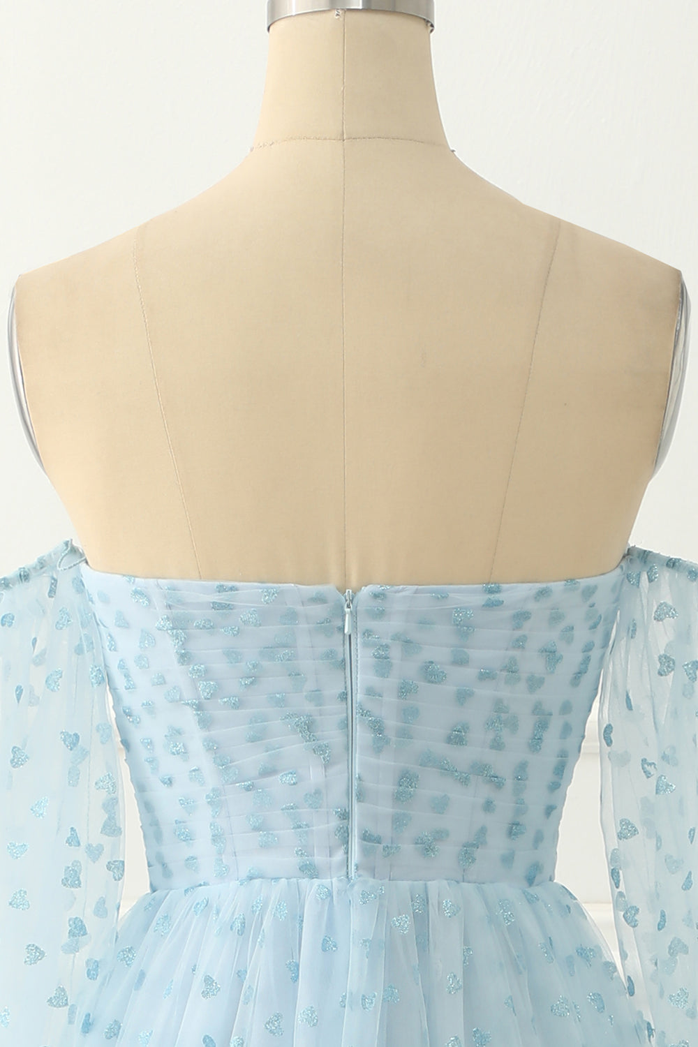 Luolandi Sky Blue Tulle Off The Shoulder Long Prom Dress Floor Length With Sleeves