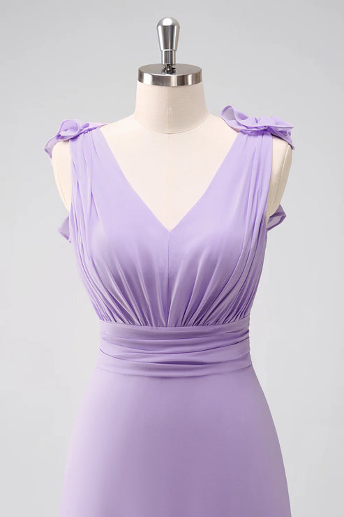 Luolandi Lilac Chiffon A-Line Ruched Bridesmaid Dress with Ruffles Solid Color Floor Length
