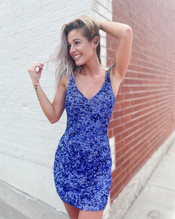 Luolandi Blue V-neck Open Back Sequins Tight Homecoming Dress Short Sparkly Prom Dress