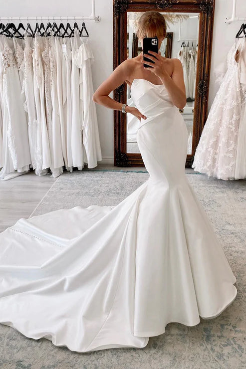 Luolandi Strapless Satin Long Mermaid Wedding Dress Off Shoulder Sexy