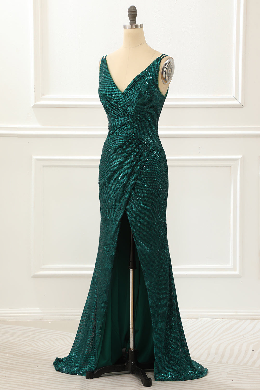 Luolandi Dark Green Spaghetti Straps Saprkly Prom Dress With Slit V-neck Evening Dress