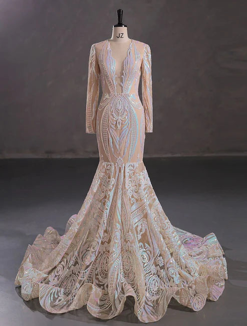 Luolandi Mermaid / Trumpet Evening Gown Sparkle & Shine Dress Formal Evening Wedding Party Chapel Train Long Sleeve Jewel Neck African American Sequined