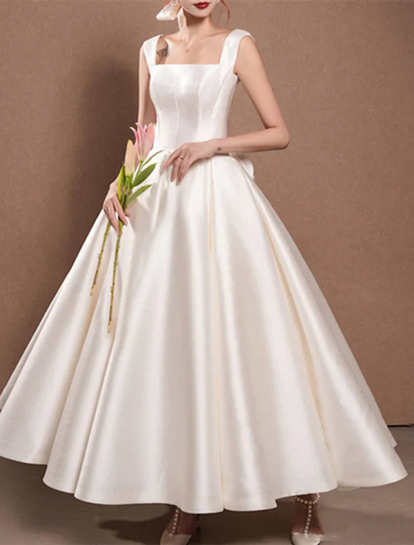 Luolandi Simple Wedding Dresses Wedding Dresses A-Line Off Shoulder Cap Sleeve Tea Length Satin Bridal Gowns With Pleats And Bow
