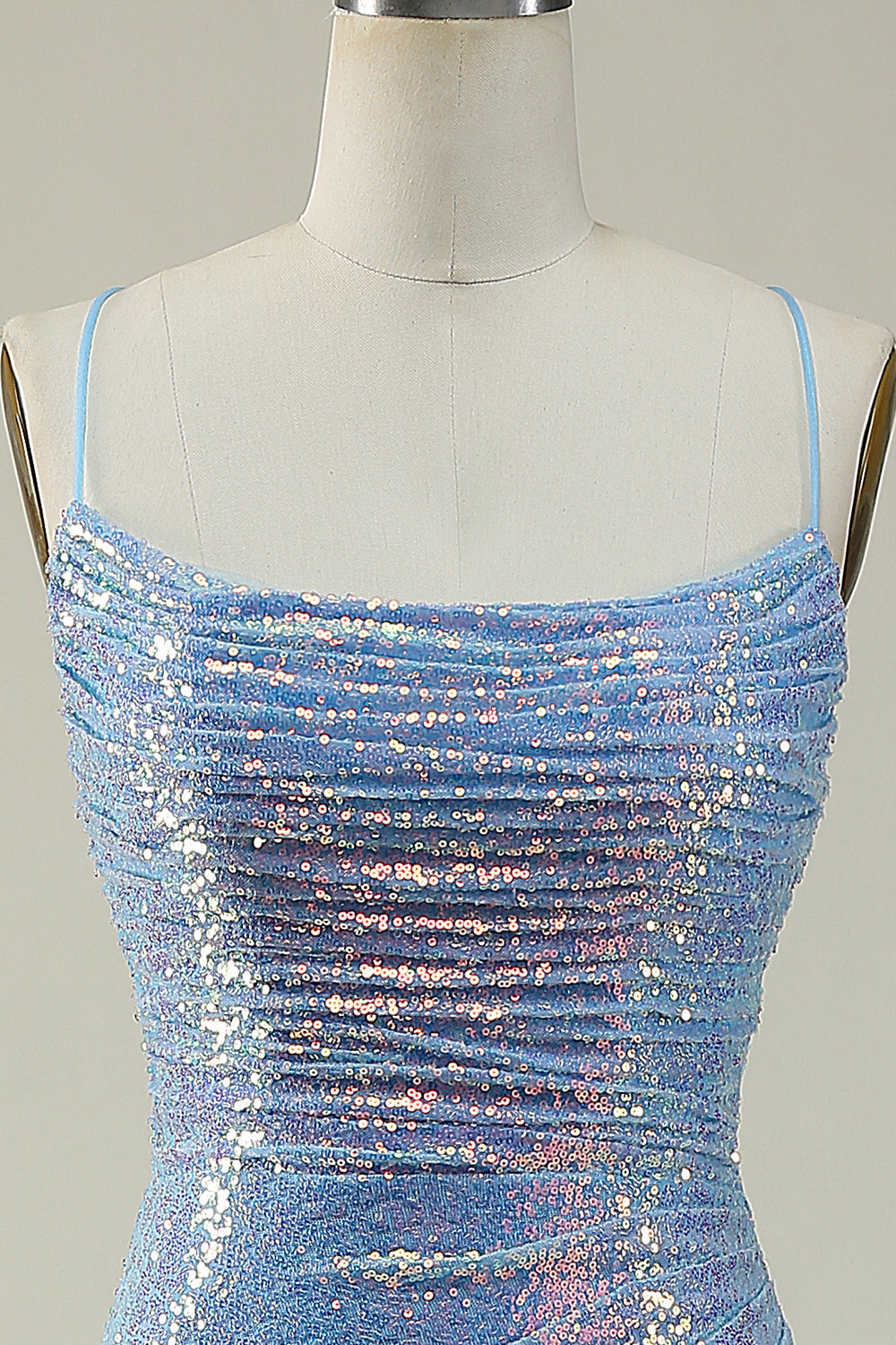 Luolandi Blue Sequined Spaghetti Straps Mermaid Prom Dress Sparkly Evening Dress