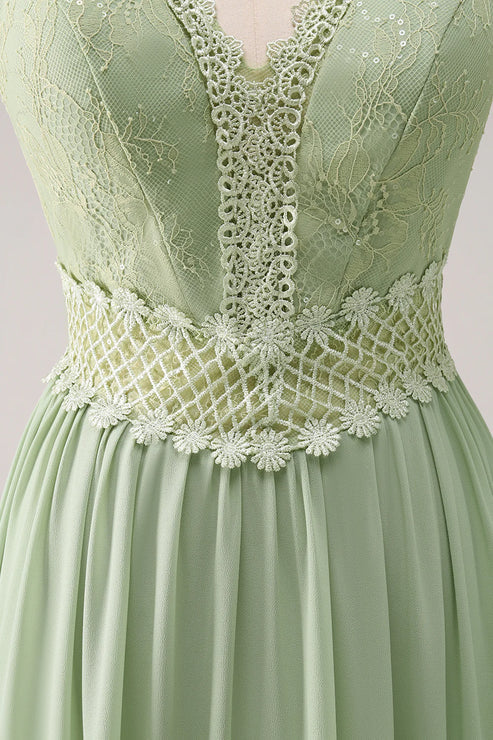 Luolandi Green Ruffled Floral Bridesmaid Dress with Lace Floor Length Party Dress