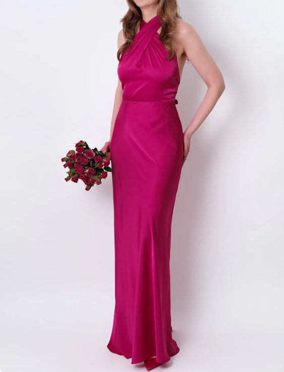 Luolandi Fuschia Silk Satin Long Halter Open Back Bridesmaid Dress Wedding Guest Dress Evening Dress Party Dress