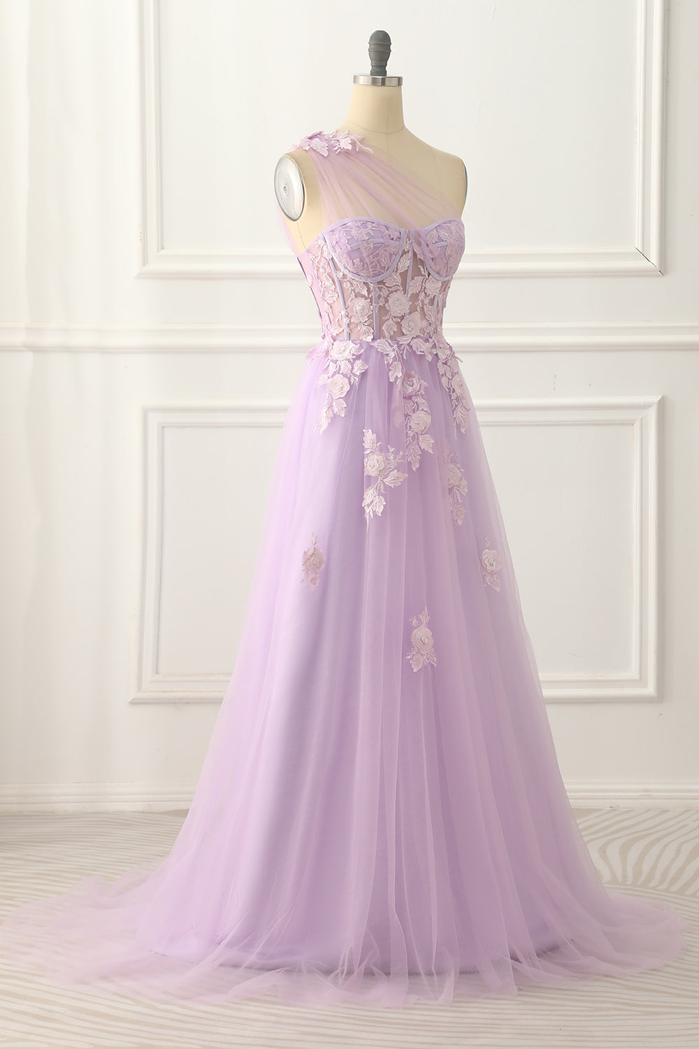 Luolandi Sky Blue Tulle A-Line One Shoulder Prom Dress With Appliques Floor Length Beautiful