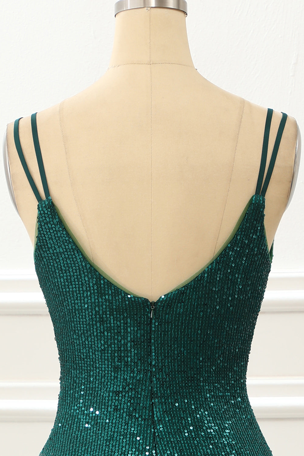 Luolandi Dark Green Spaghetti Straps Saprkly Prom Dress With Slit V-neck Evening Dress