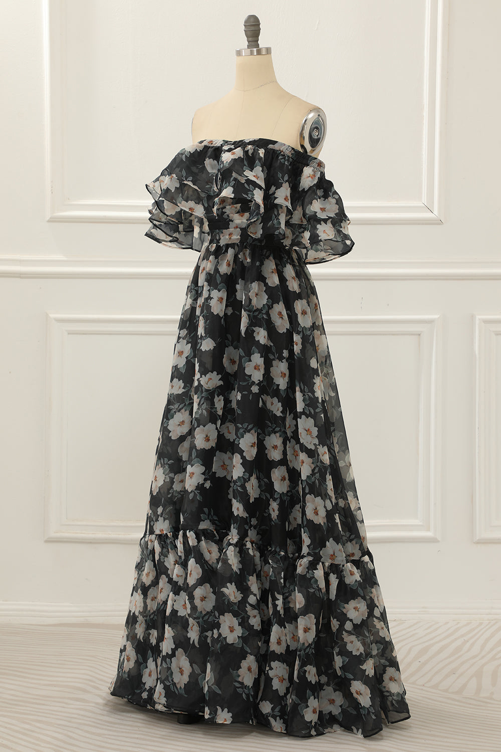 Luolandi Black Print Off Shoulder A Line Prom Dress With Ruffles Floor Length Elegant