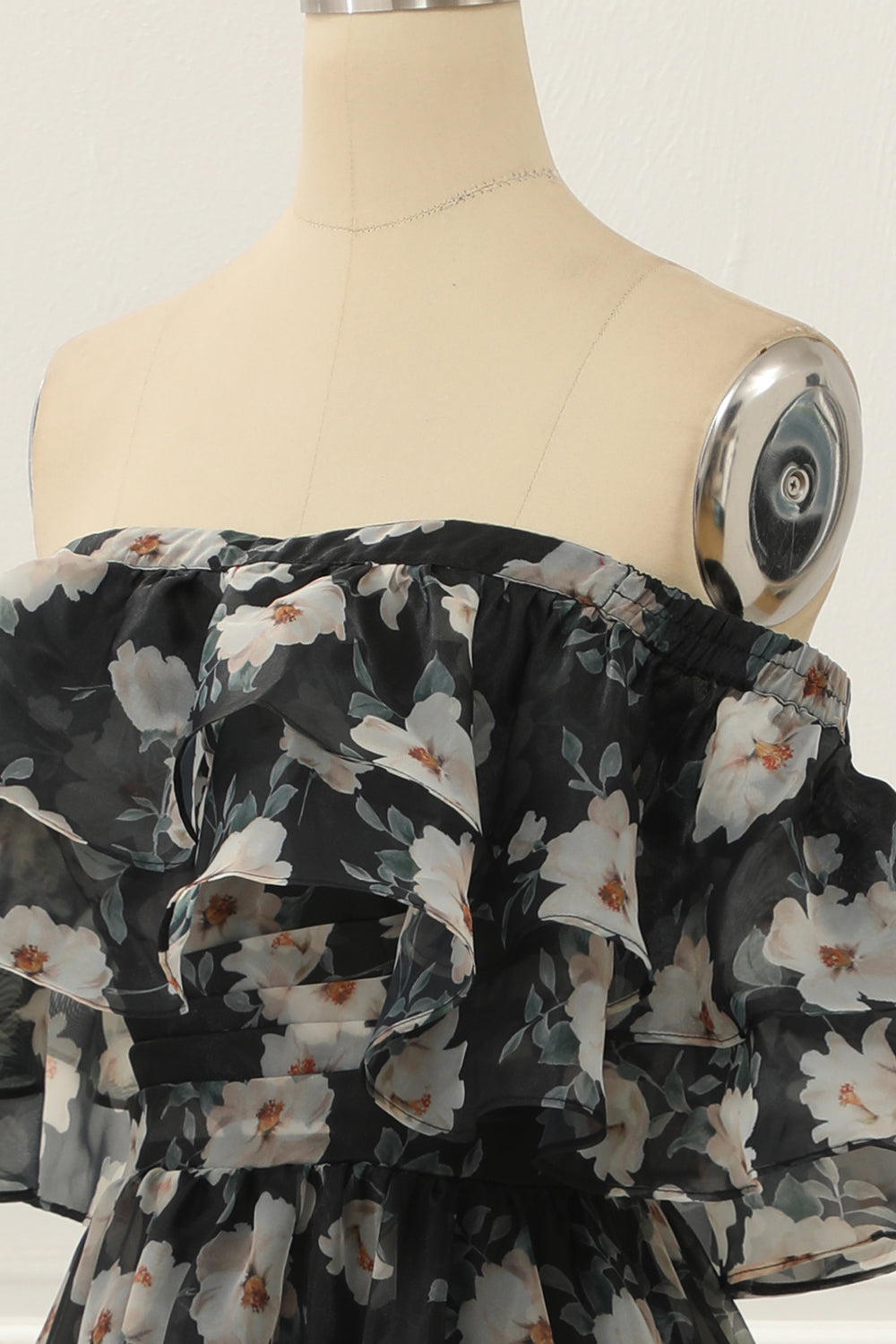 Luolandi Black Print Off Shoulder A Line Prom Dress With Ruffles Floor Length Elegant