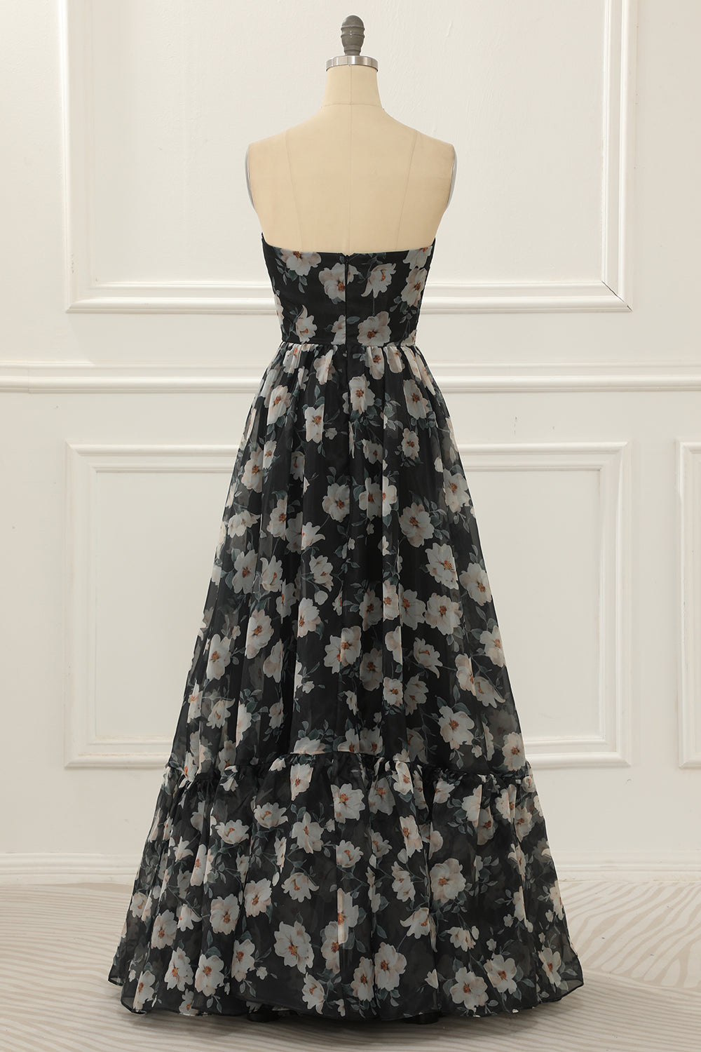 Luolandi Black Print Off Shoulder A Line Prom Dress With Ruffles Floor Length Elegant