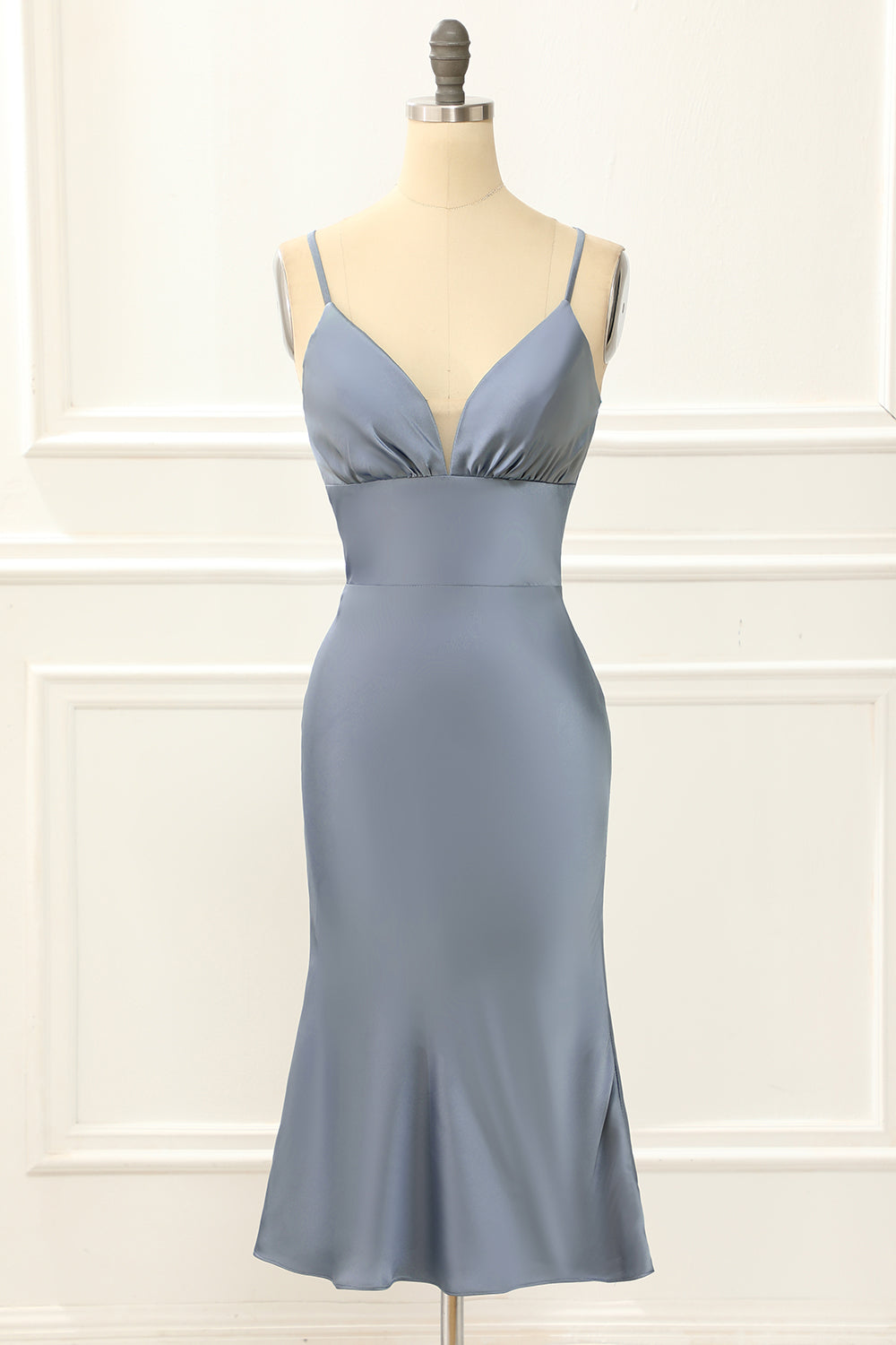 Luolandi Grey Blue Satin Spaghetti Straps Short Bridesmaid Dress Sexy Party Dress