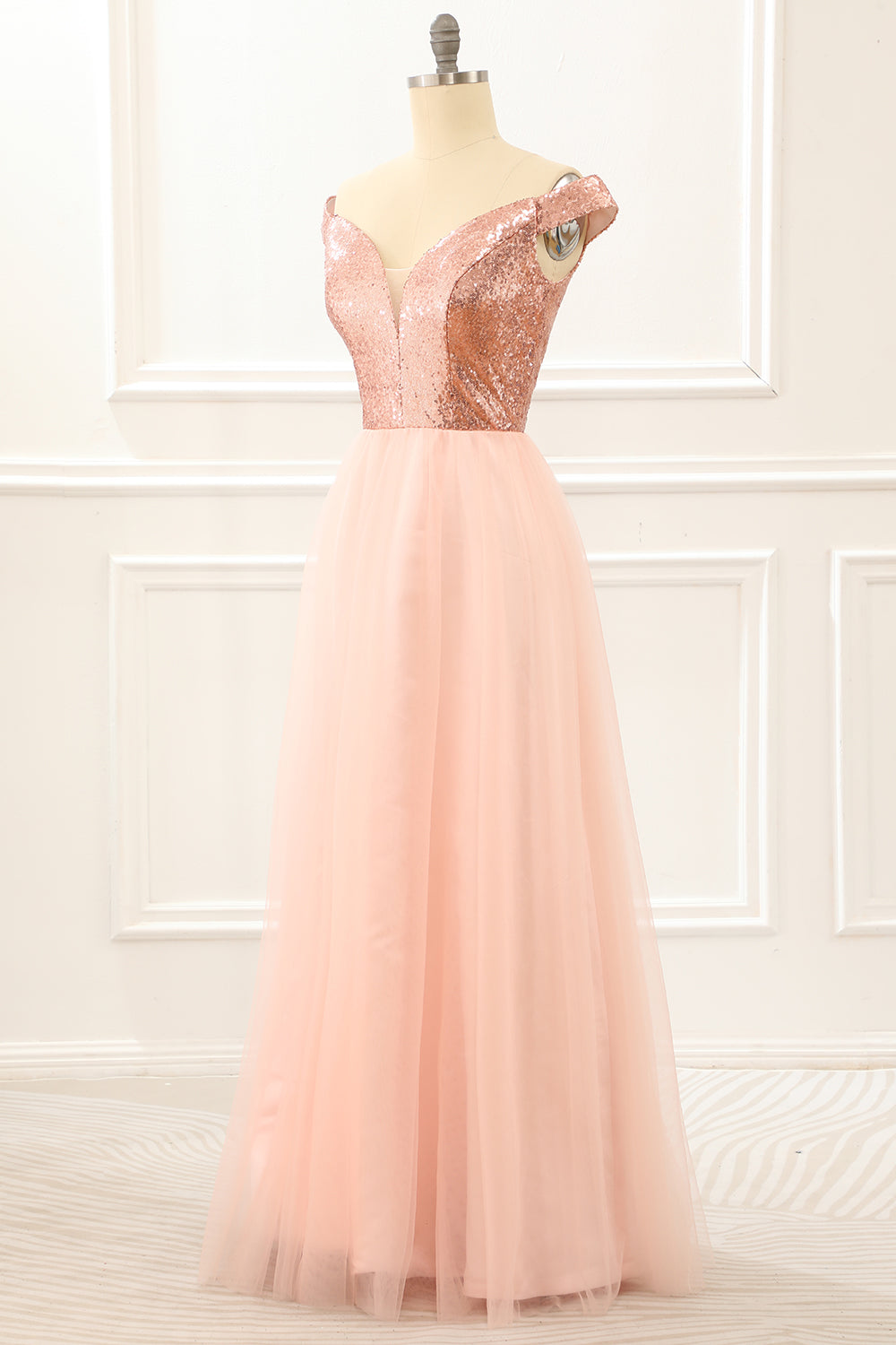 Luolandi Off The Shoulder Blush Sequins Prom Dress V-neck Sparkly Sexy