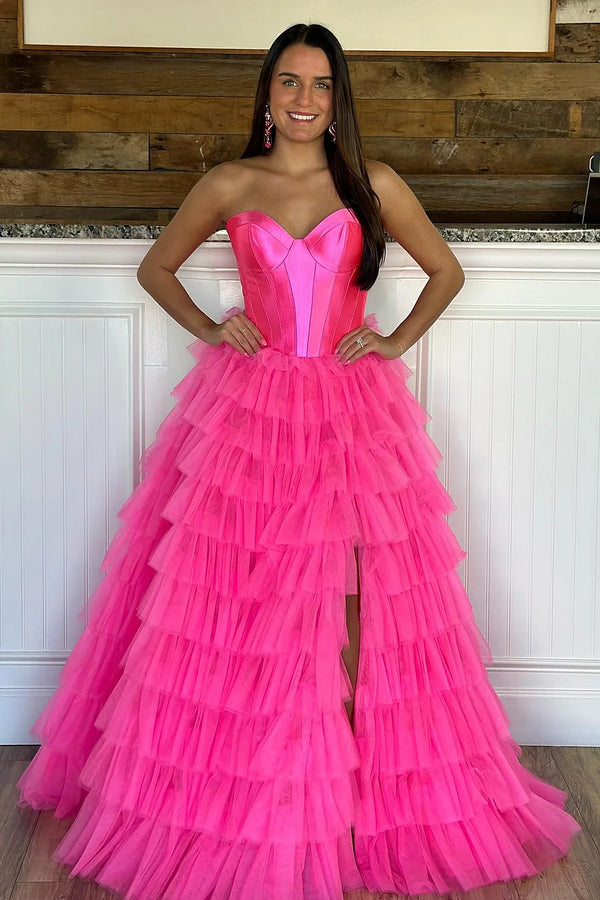 Luolandi A-Line Sweetheart Tiered Tulle Prom Dress with Slit Off Shoulder Sexy Evening Dress
