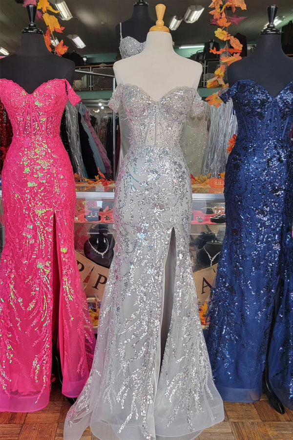 Luolandi Gold Sequin Lace Off the Shoulder Mermaid Prom Dress Sparkly Evening Dress