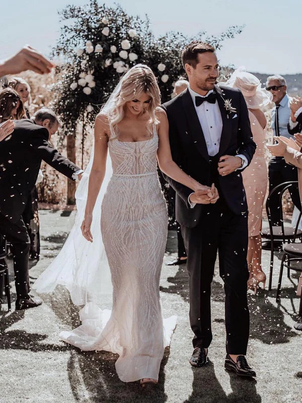 Luolandi Gorgeous Beaded Lace Spaghetti Straps Mermaid Chapel Train Wedding Dresses Elegant