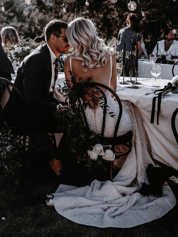 Luolandi Gorgeous Beaded Lace Spaghetti Straps Mermaid Chapel Train Wedding Dresses Elegant