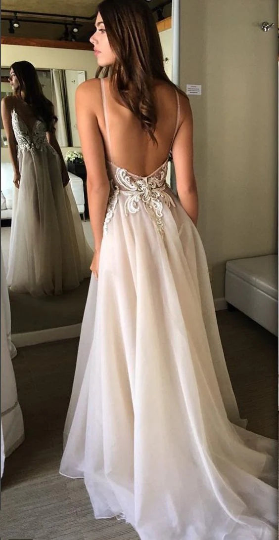 Luolandi Elegant Organza Spaghetti Straps Neckline A-line Wedding Dresses With Appliques Sexy