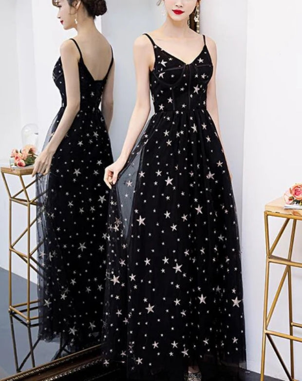 Luolandi Lovely Black V-neckline Straps Long Evening Gown Party Dress Formal Dress Prom Dress