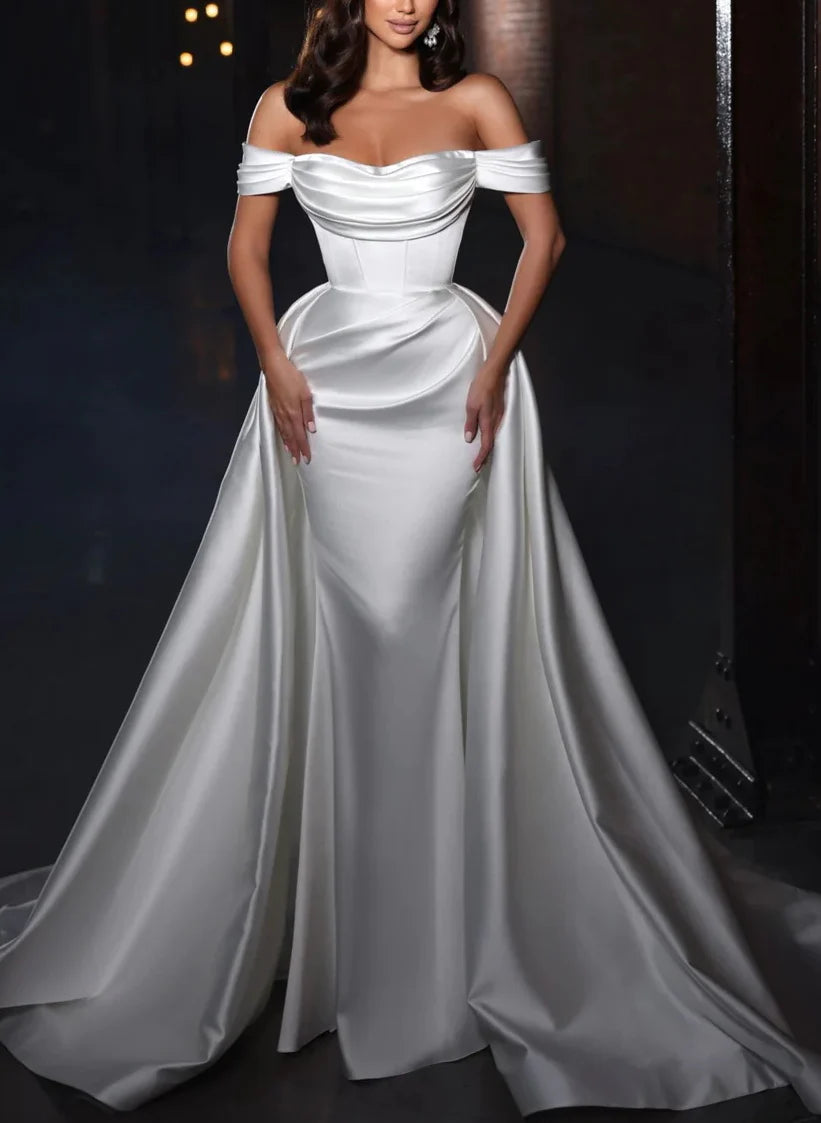 Luolandi Off-The-Shoulder Cowl Neck Satin Wedding Dresses Floor Length Solid Color Simple Elegant