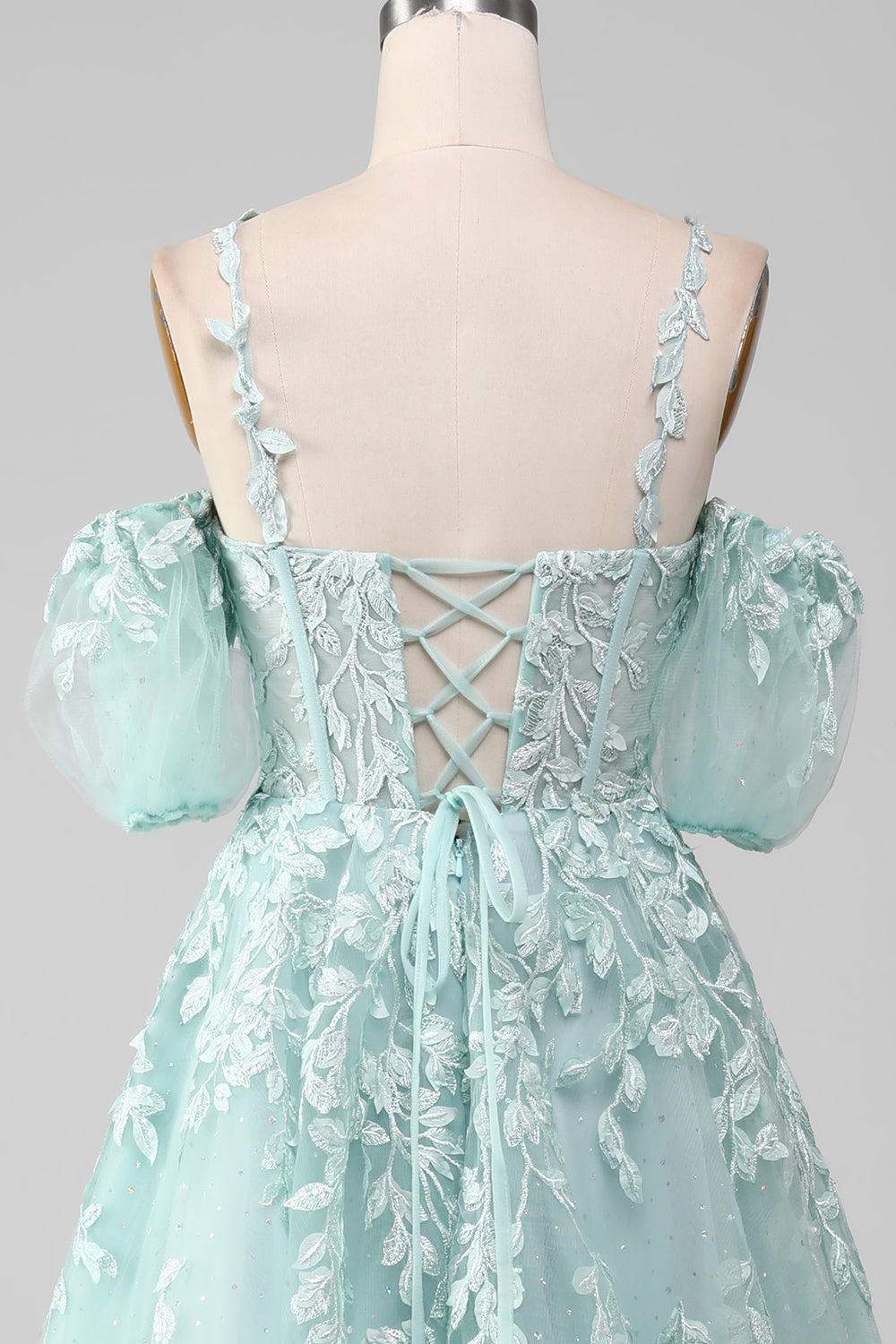Luolandi Ball-Gown Off The Shoulder Beaded Mint Prom Dresses With Appliques And Sleeves