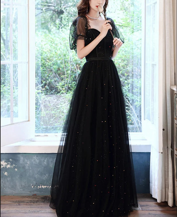 Luolandi Black Off Shoulder Tulle Long Party Dress A-line Long Prom Dress Short Sleeves Elegant Evening Dress