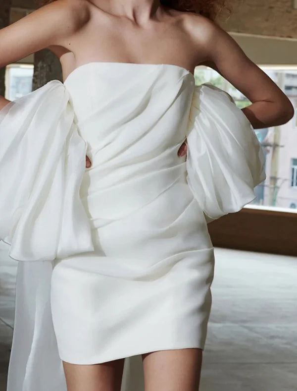 Luolandi Sheath / Column Homecoming Dresses Little Dress Party Wear Cocktail Party Short / Mini Half Sleeve Off Shoulder Tulle with Bow(s) Wedding Dress