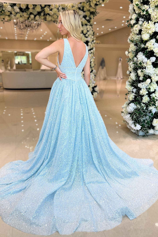Luolandi A line Plunging V Neck Sequins Prom Dress Sky Blue Sparkly Evening Dress